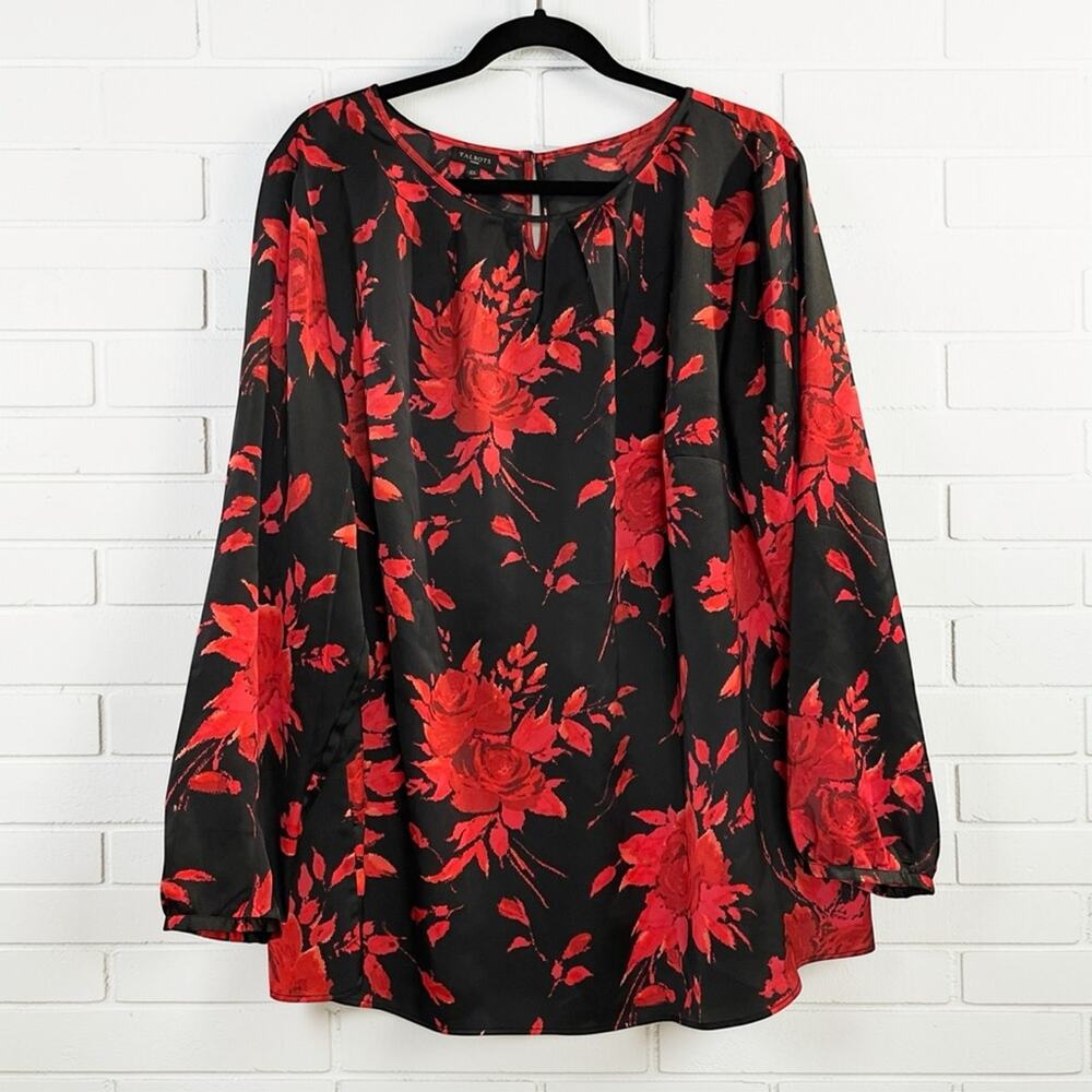 Talbots 2X Black Red Floral Blouse Plus Size Romantic Holiday Career Top